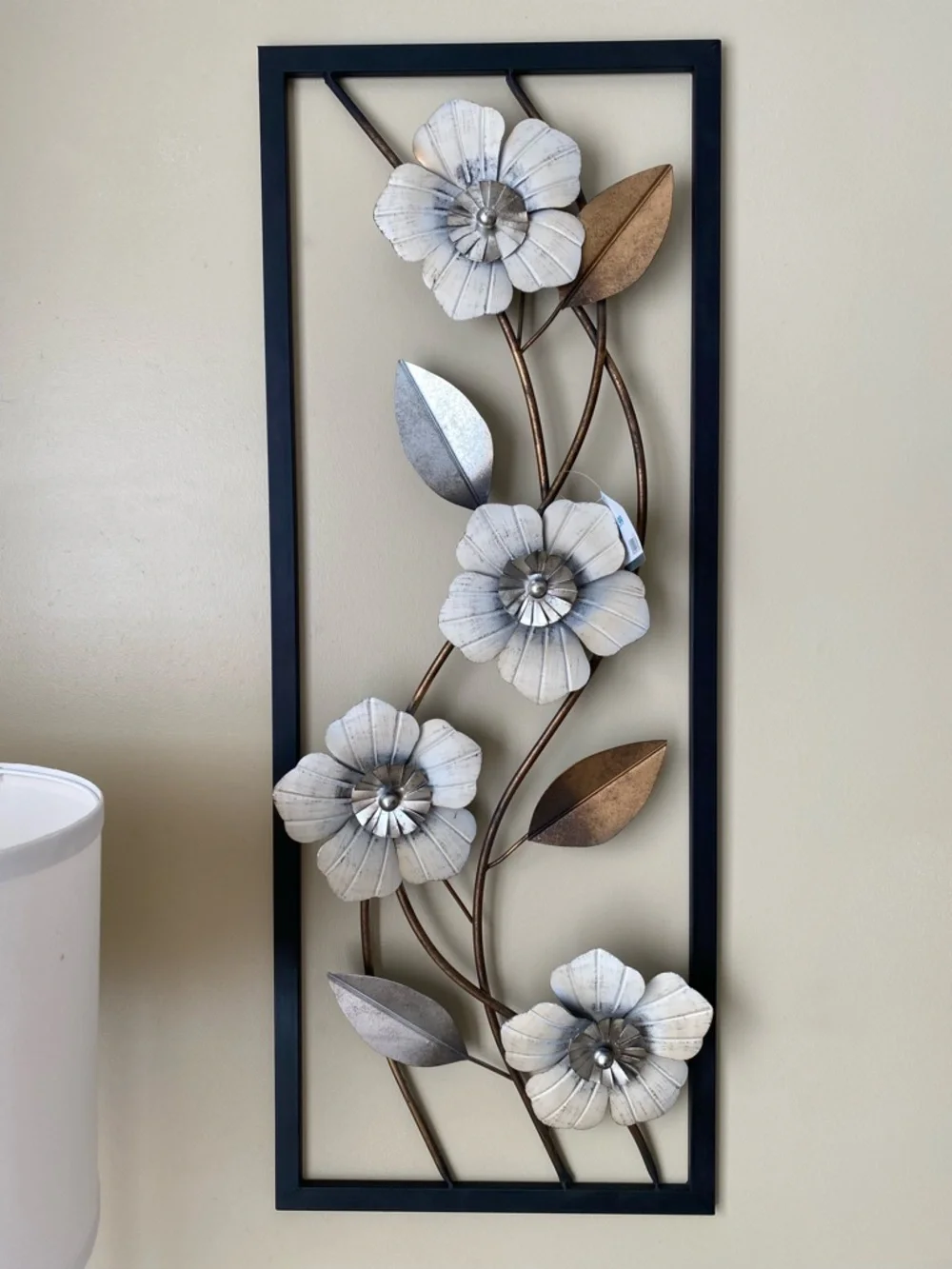 Metal Floral Wall Art Panel in White, Silver, Bronze & Black